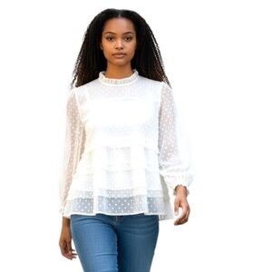Express Women’s Sheer Dot Ruffle Blouse, Size Small Petite (SP)